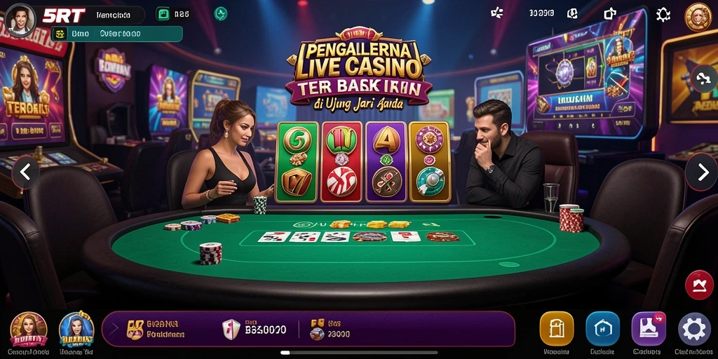 Tampilan utama 5RT menunjukkan dealer langsung dan permainan kasino yang mendebarkan.