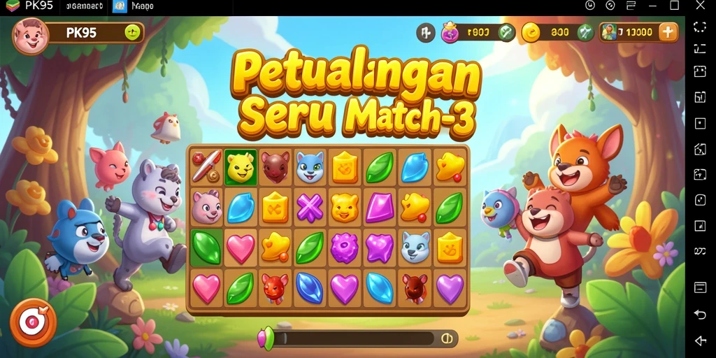 Screenshot menunjukkan gameplay seru di PK95 dengan kombinasi objek warna-warni.